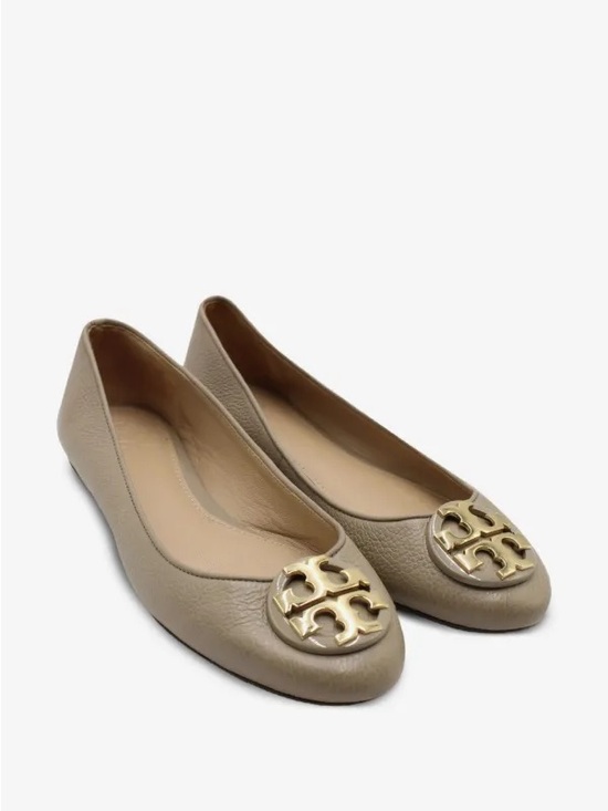 Tory Burch Shoes - Tory Burch Taupe Leather Logo Ballet Flats with Gold Medallion